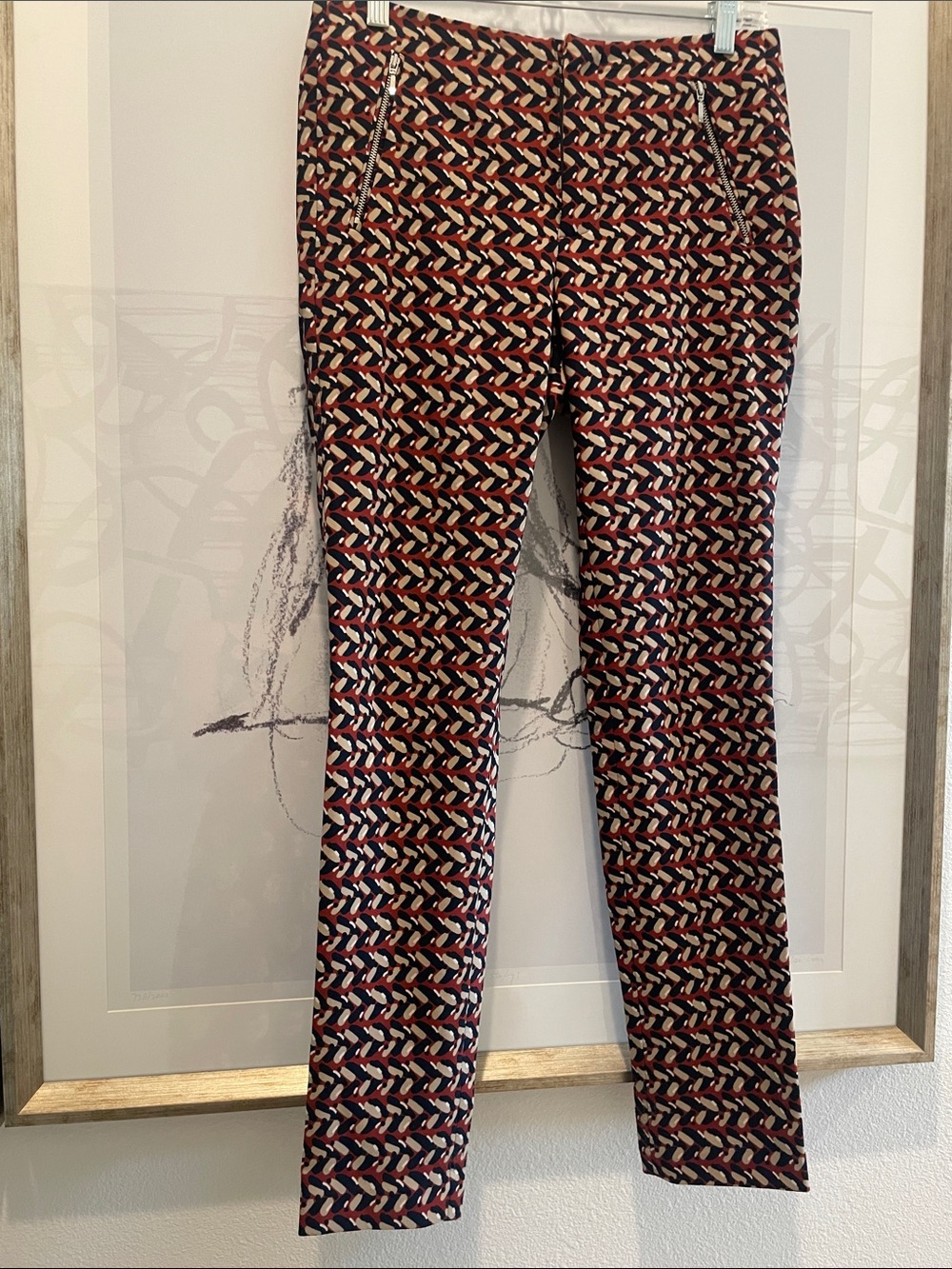 Zara Patterned Slim pants in Navy, Red & Cream